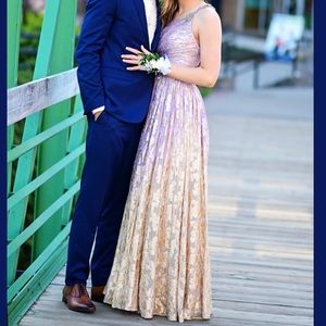 sherri hill one shoulder lilac and gold gown